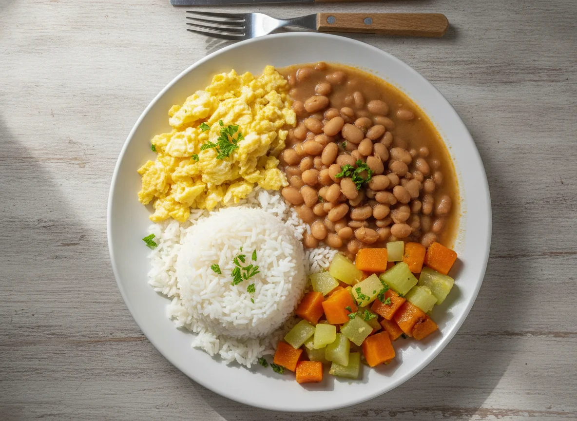 Prato feito brasileiro com ovos mexidos, arroz, feijão, abóbora e legumes photo