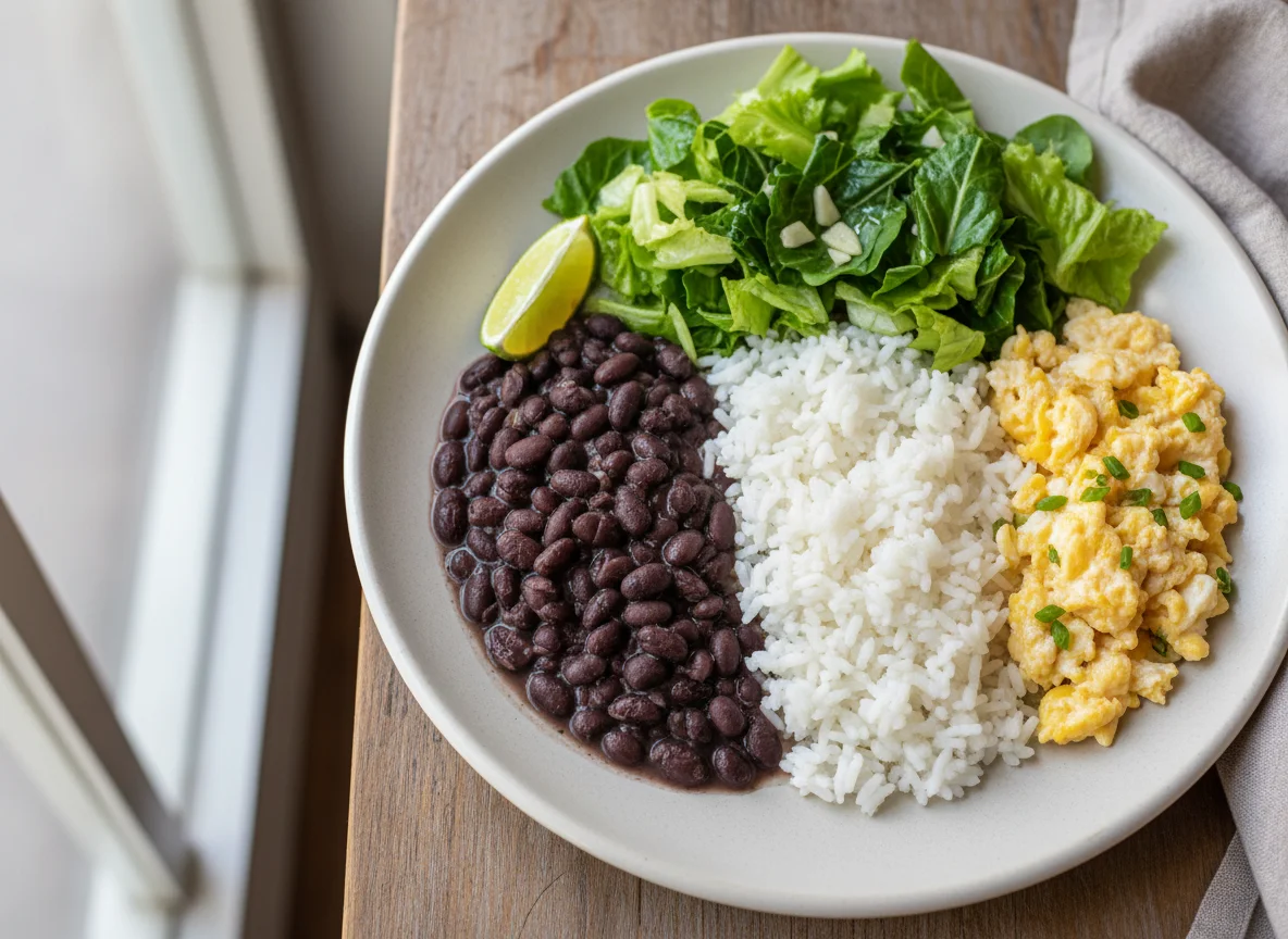Prato feito brasileiro com ovos mexidos e salada photo
