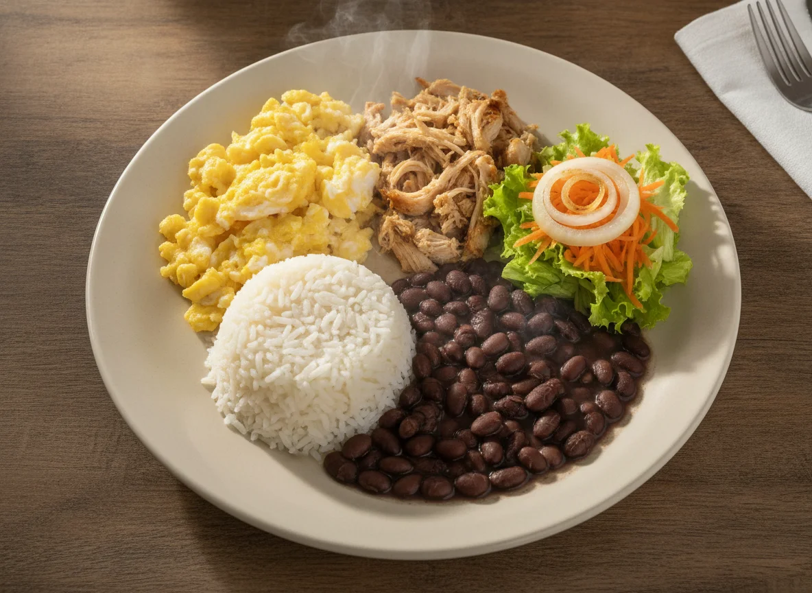 Prato feito brasileiro com ovos mexidos, frango, arroz e feijão photo