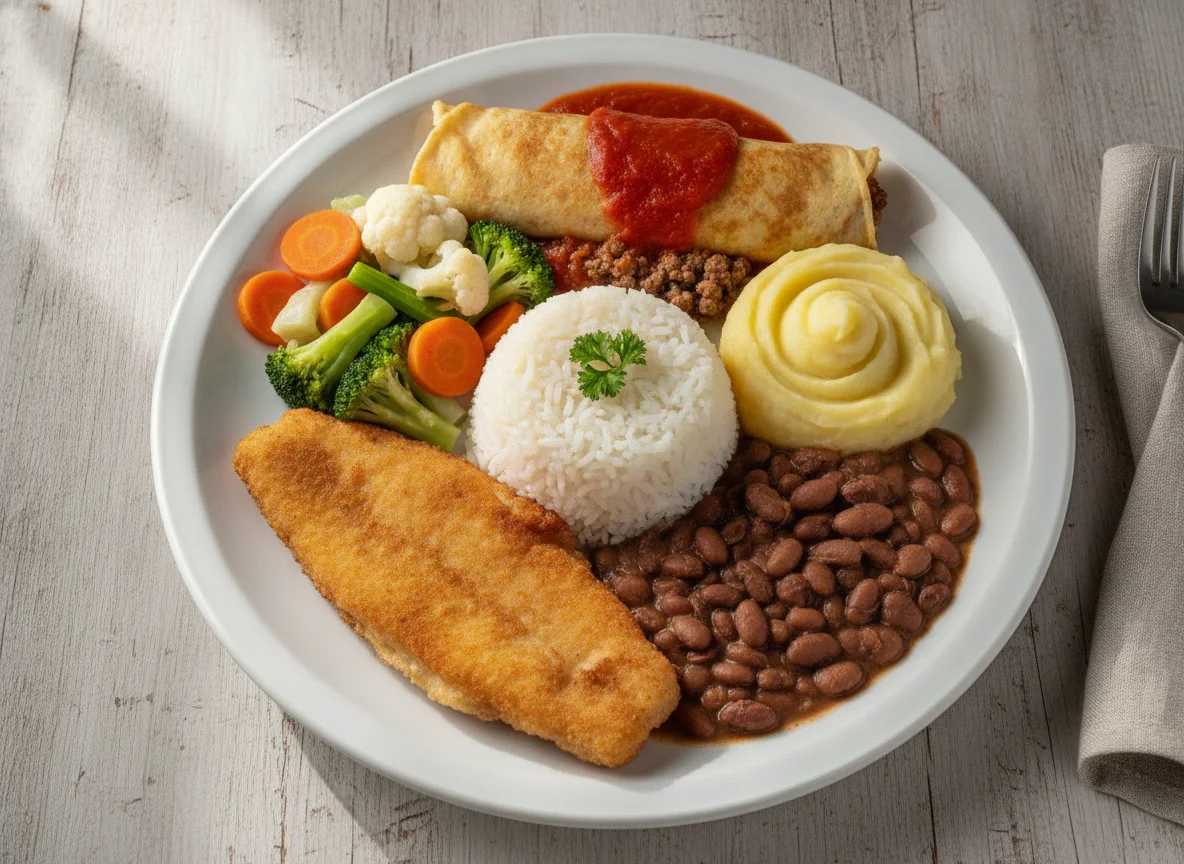 Prato Feito Brasileiro com Panqueca e Purê photo