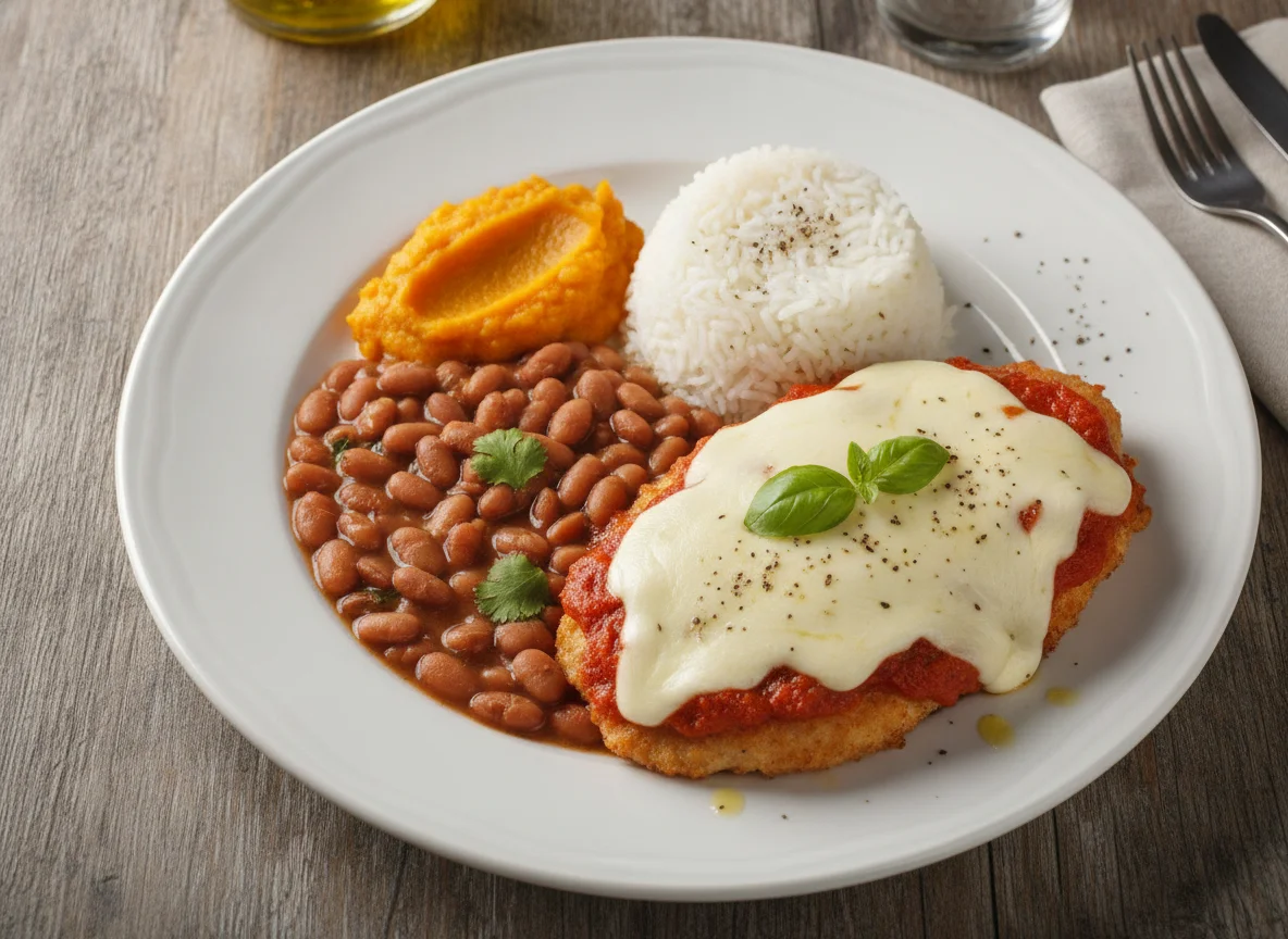 Prato feito brasileiro com parmegiana, arroz, feijão e purê de abóbora photo