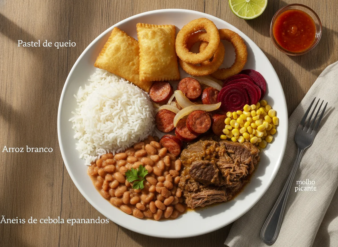 Prato Feito Brasileiro com Pastel e Anéis de Cebola photo