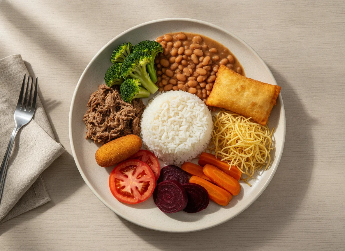 Prato Feito Brasileiro com Pastel e Guarnições photo