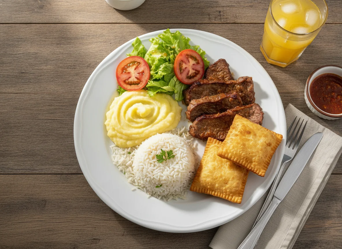 Prato Feito Brasileiro com Pastel e Purê photo