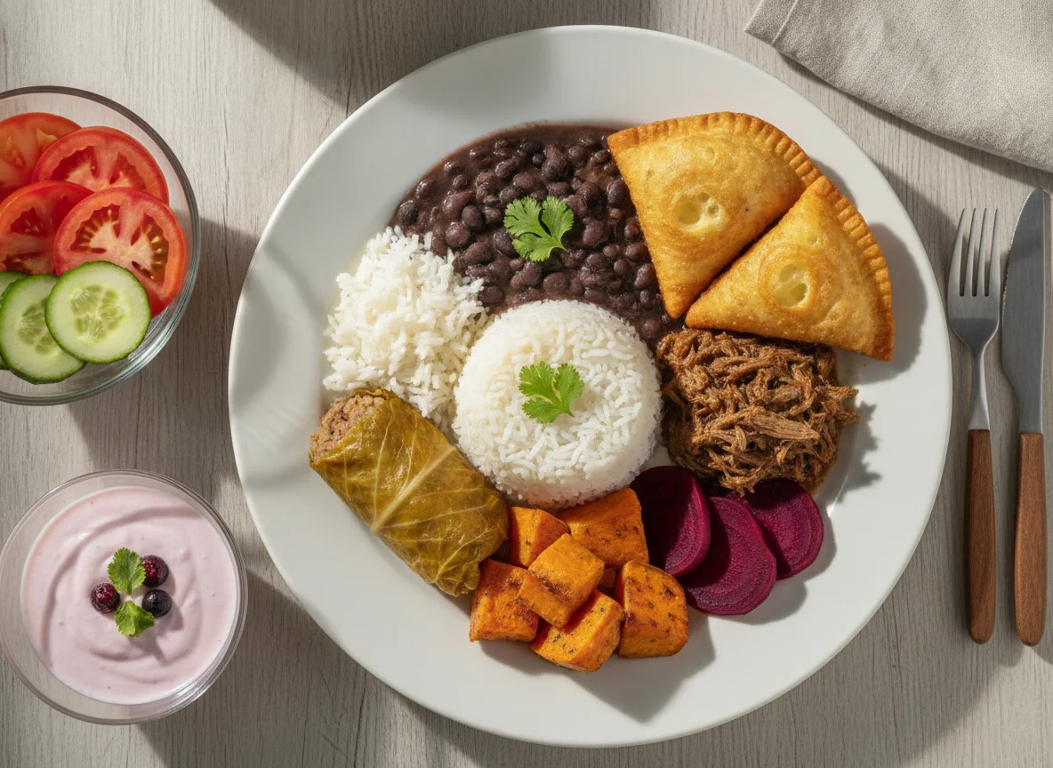 Prato Feito Brasileiro com Pastel e Sobremesa photo
