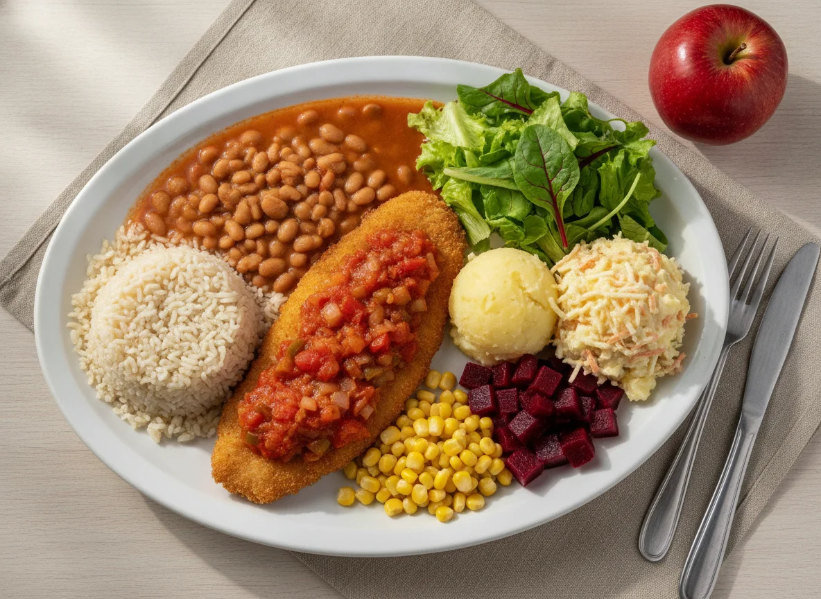 Prato Feito Brasileiro com Peixe à Milanesa e Acompanhamentos photo