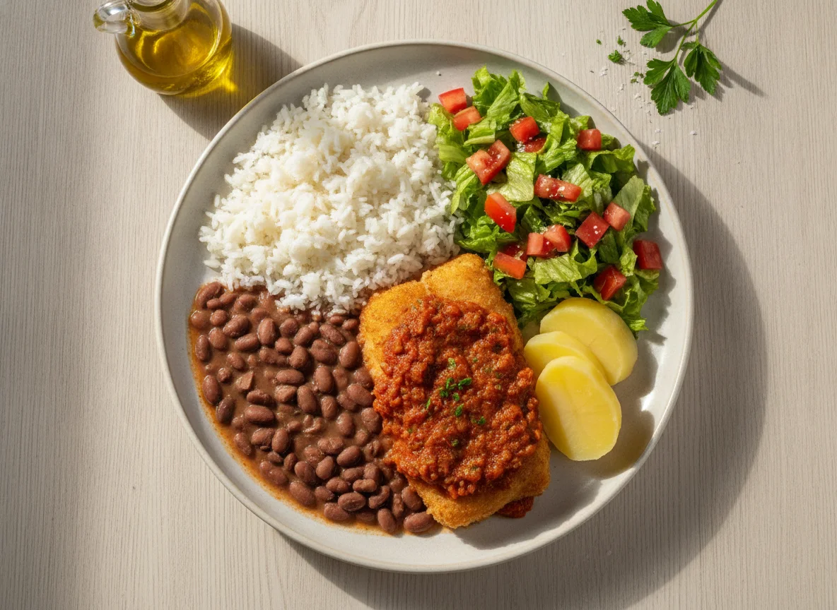 Prato feito brasileiro com peixe ao molho, arroz, feijão e salada photo