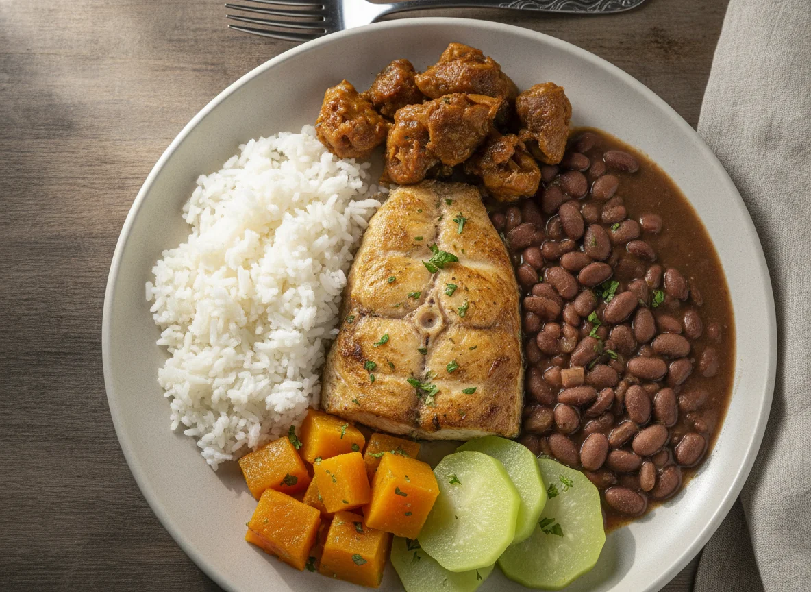 Prato feito brasileiro com peixe, arroz, feijão, abóbora, chuchu e moela photo