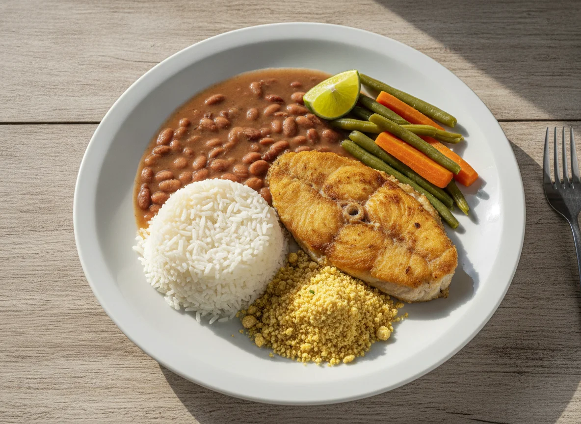 Prato feito brasileiro com peixe, arroz, feijão e farofa photo