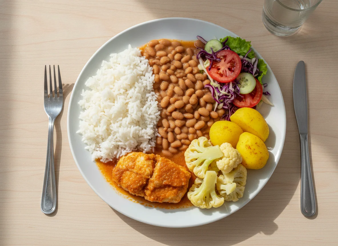 Prato feito brasileiro com peixe, arroz, feijão e legumes photo