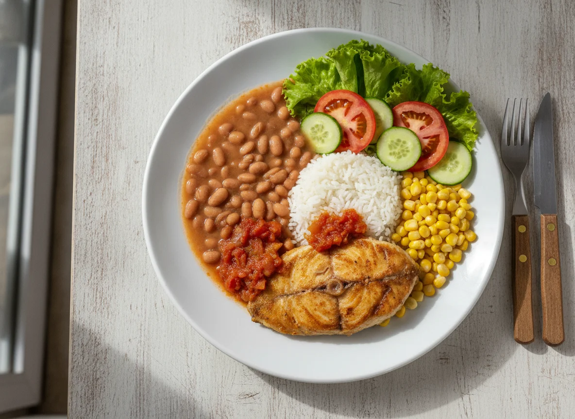 Prato feito brasileiro com peixe, arroz, feijão e milho photo
