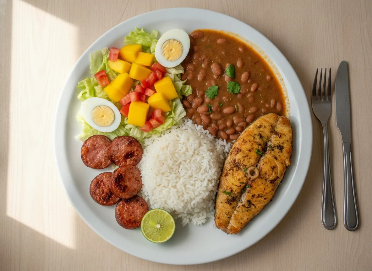 Prato Feito Brasileiro com Peixe, Arroz, Feijão e Salada de Manga photo
