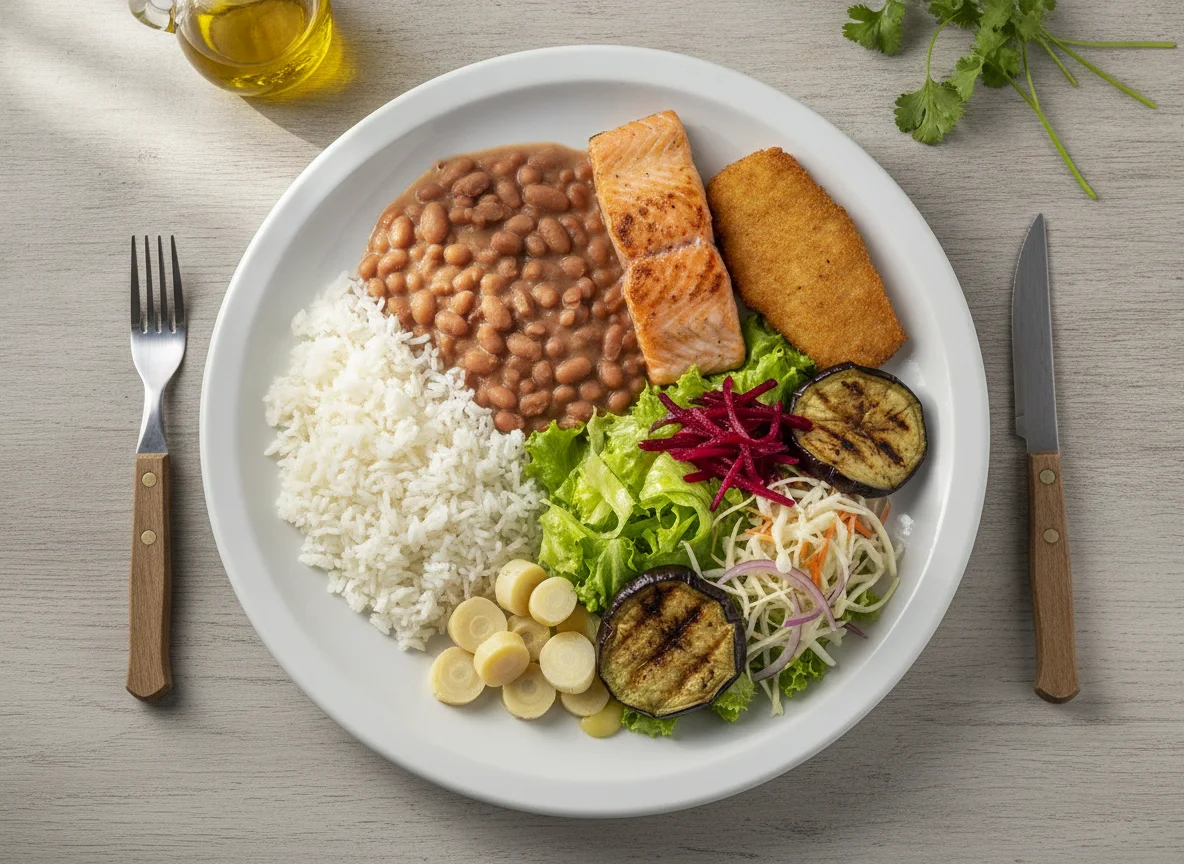 Prato feito brasileiro com peixe, arroz, feijão e salada photo