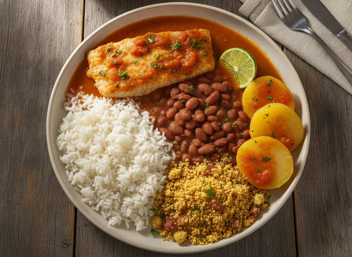 Prato Feito Brasileiro com Peixe, Arroz, Feijão, Farofa e Batata photo