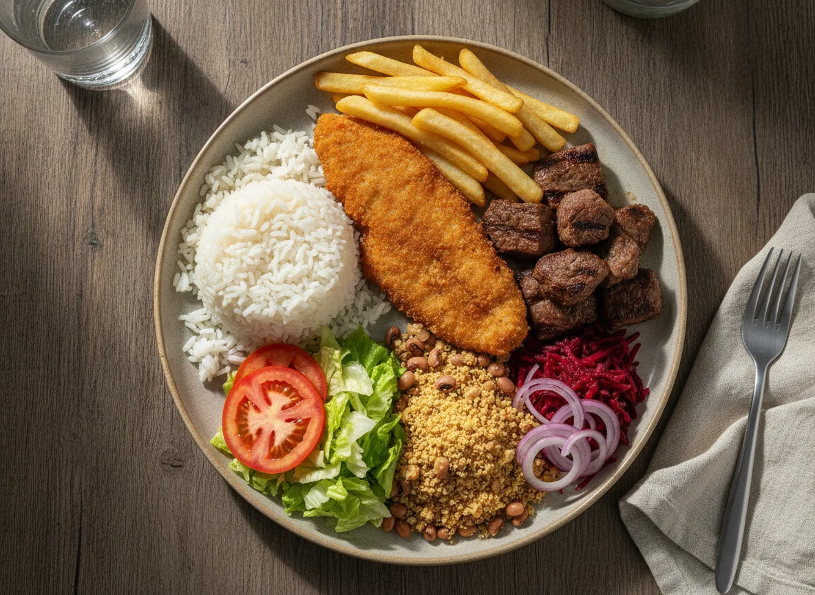 Prato Feito Brasileiro com Peixe, Carne e Acompanhamentos photo
