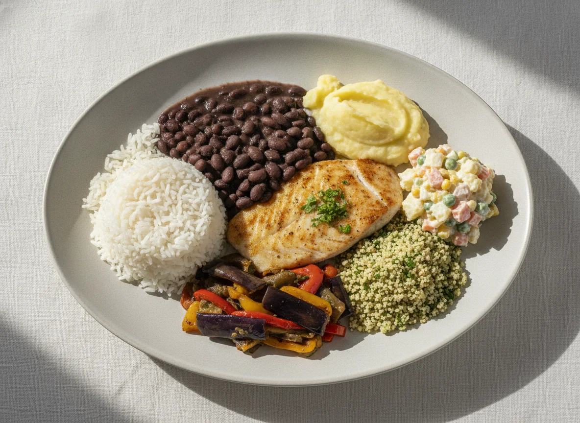 Prato Feito Brasileiro com Peixe e Acompanhamentos photo