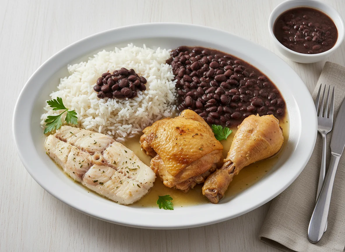 Prato feito brasileiro com peixe e frango photo