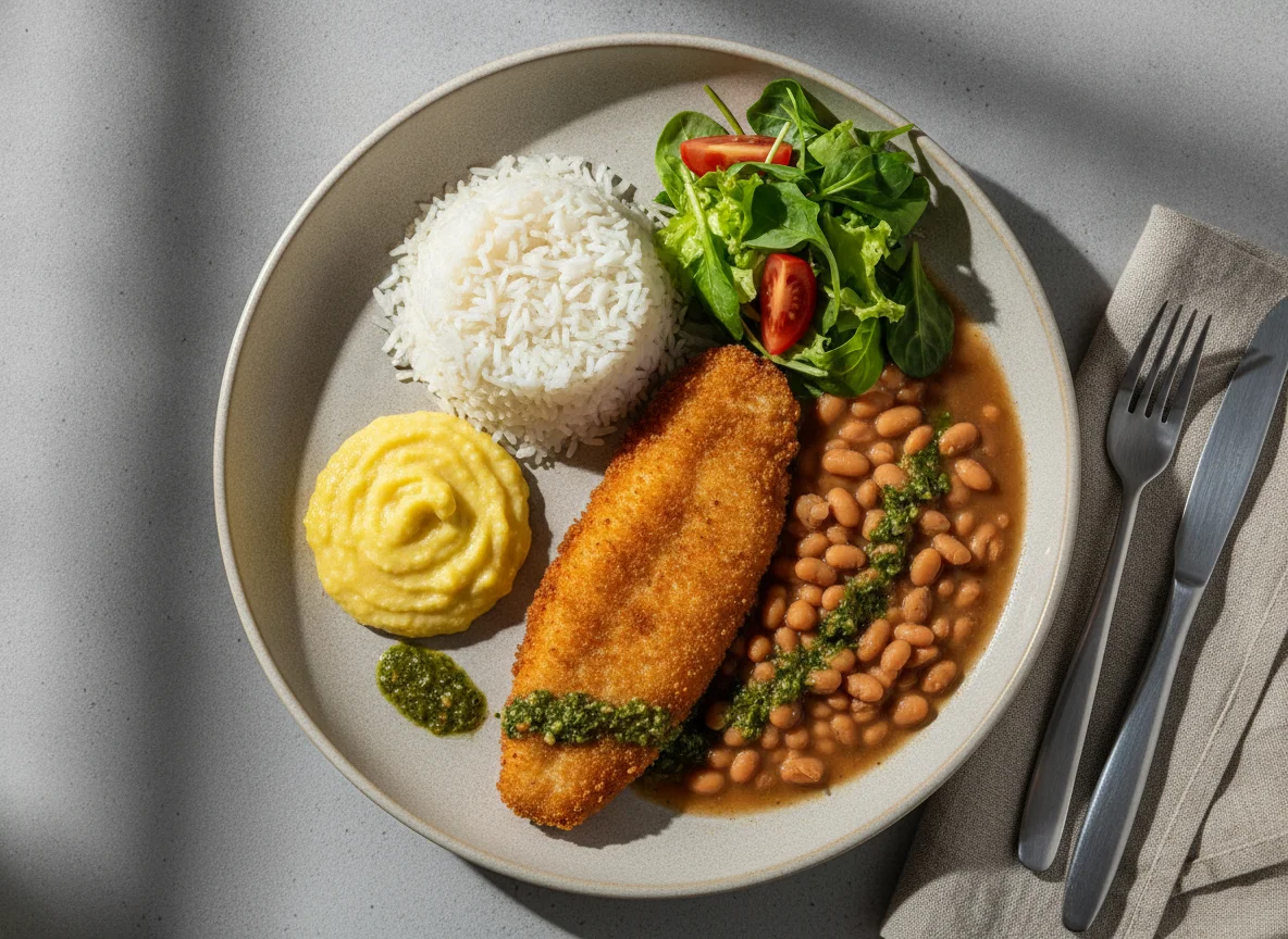 Prato Feito Brasileiro com Peixe Empanado, Arroz, Feijão e Creme de Milho photo