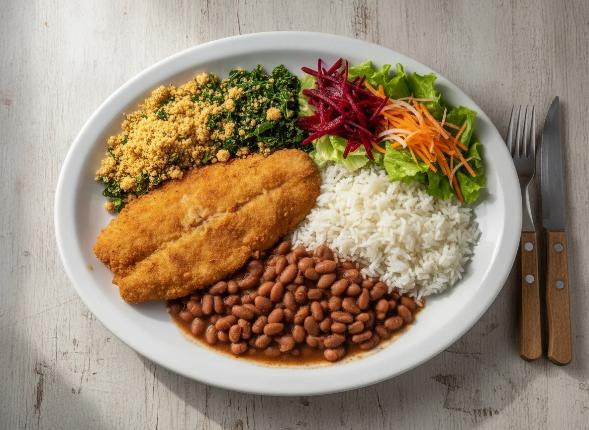 Prato feito brasileiro com peixe empanado, arroz, feijão, farofa e salada photo