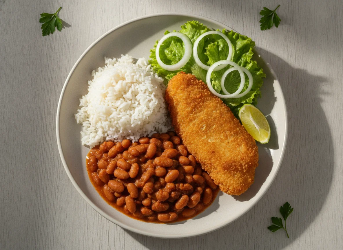 Prato feito brasileiro com peixe empanado, arroz, feijão e salada photo