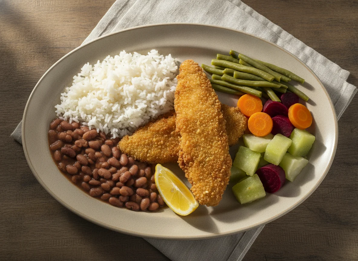 Prato feito brasileiro com peixe empanado, arroz, feijão e legumes photo