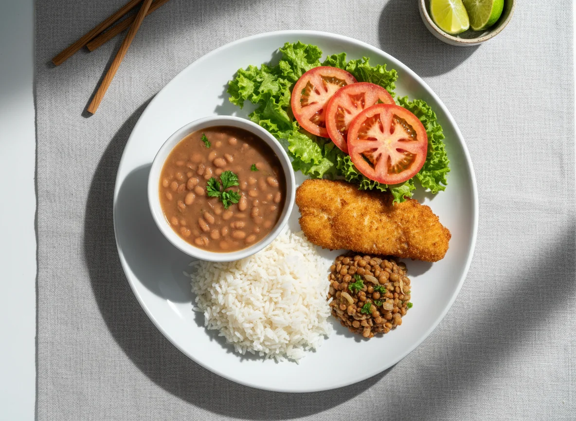 Prato feito brasileiro com peixe empanado photo