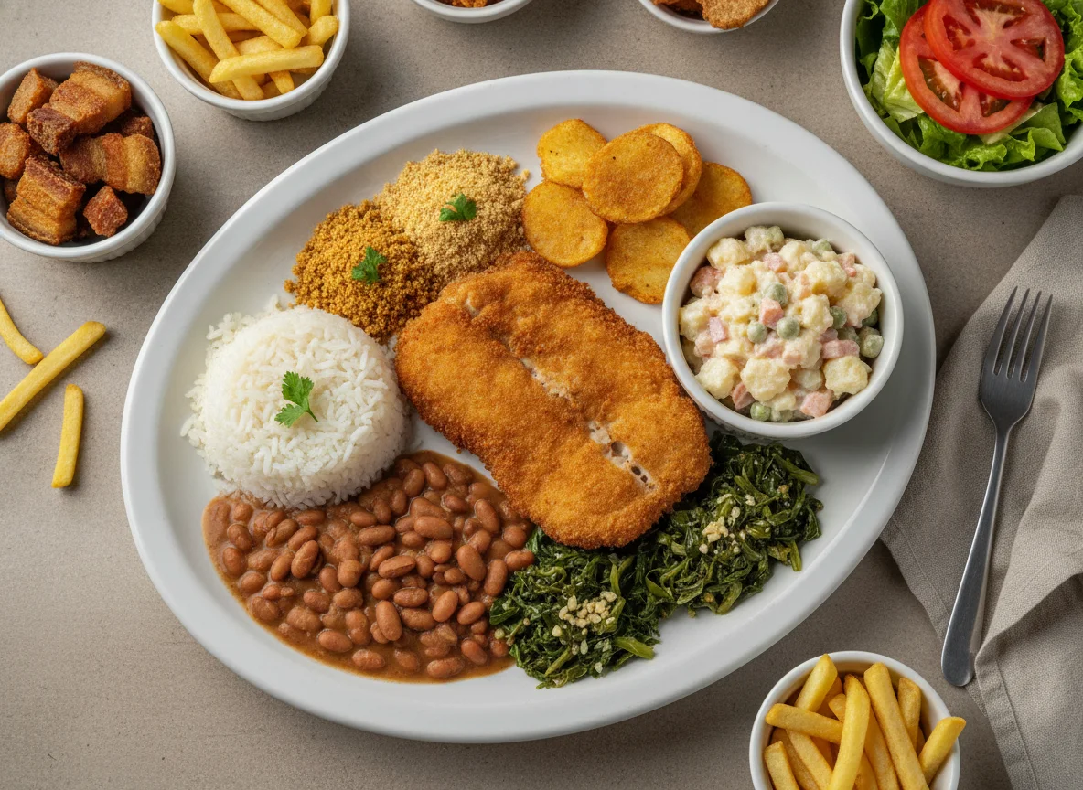 Prato Feito Brasileiro com Peixe Empanado e Acompanhamentos photo