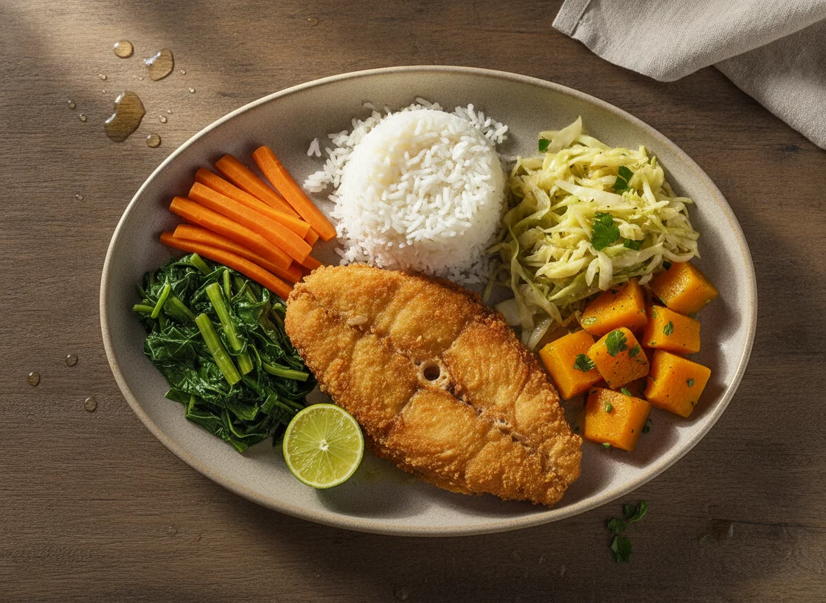 Prato feito brasileiro com peixe empanado e legumes photo