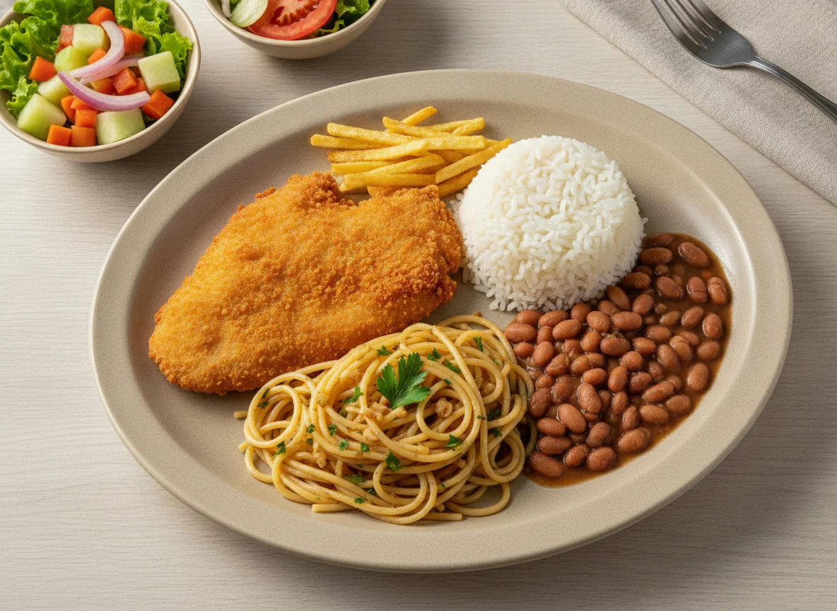 Prato Feito Brasileiro com Peixe Empanado e Macarrão photo