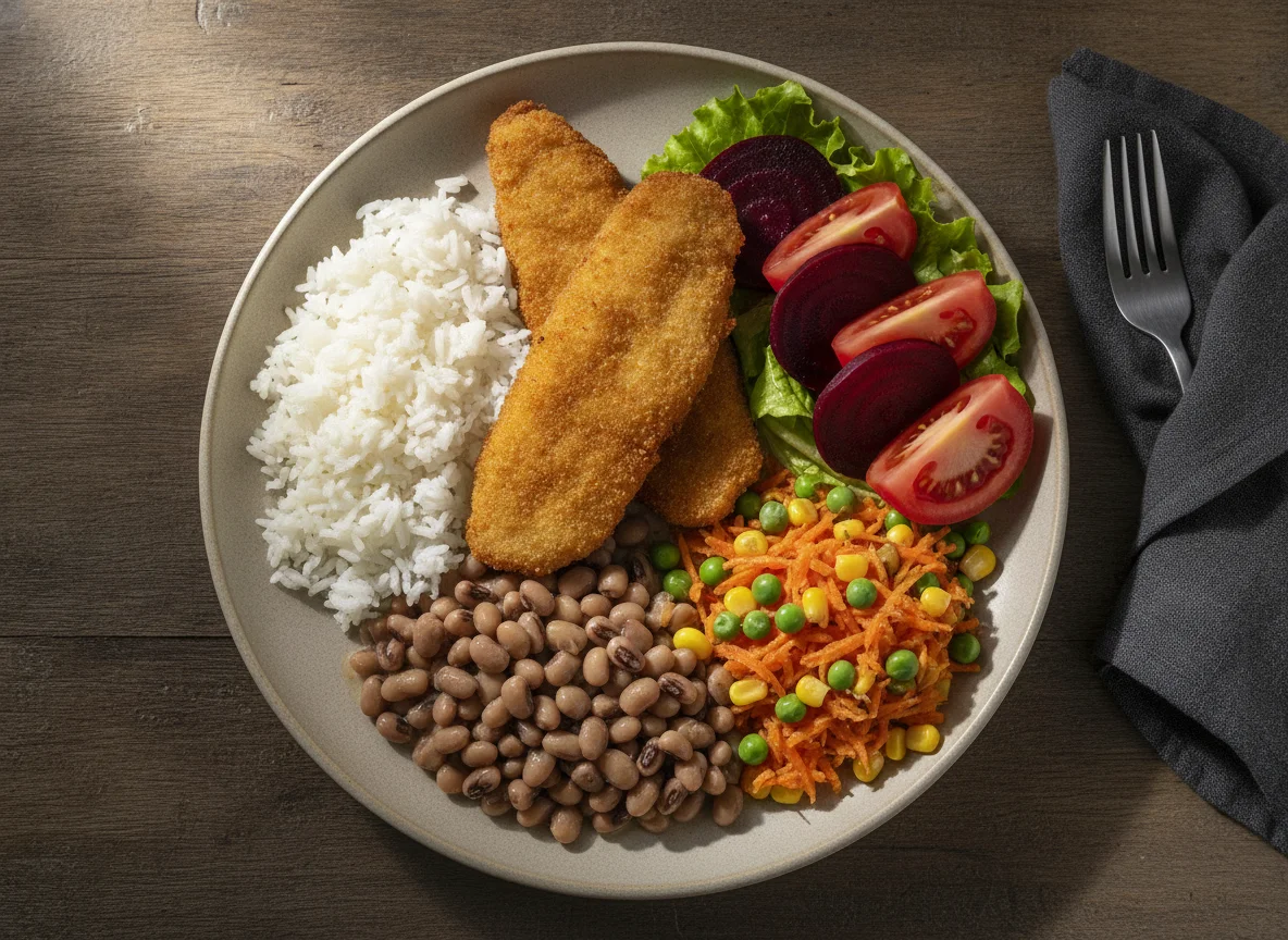 Prato feito brasileiro com peixe empanado e salada photo