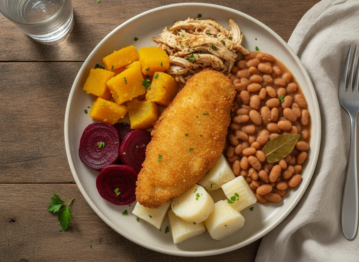 Prato Feito Brasileiro com Peixe Empanado e Vegetais photo