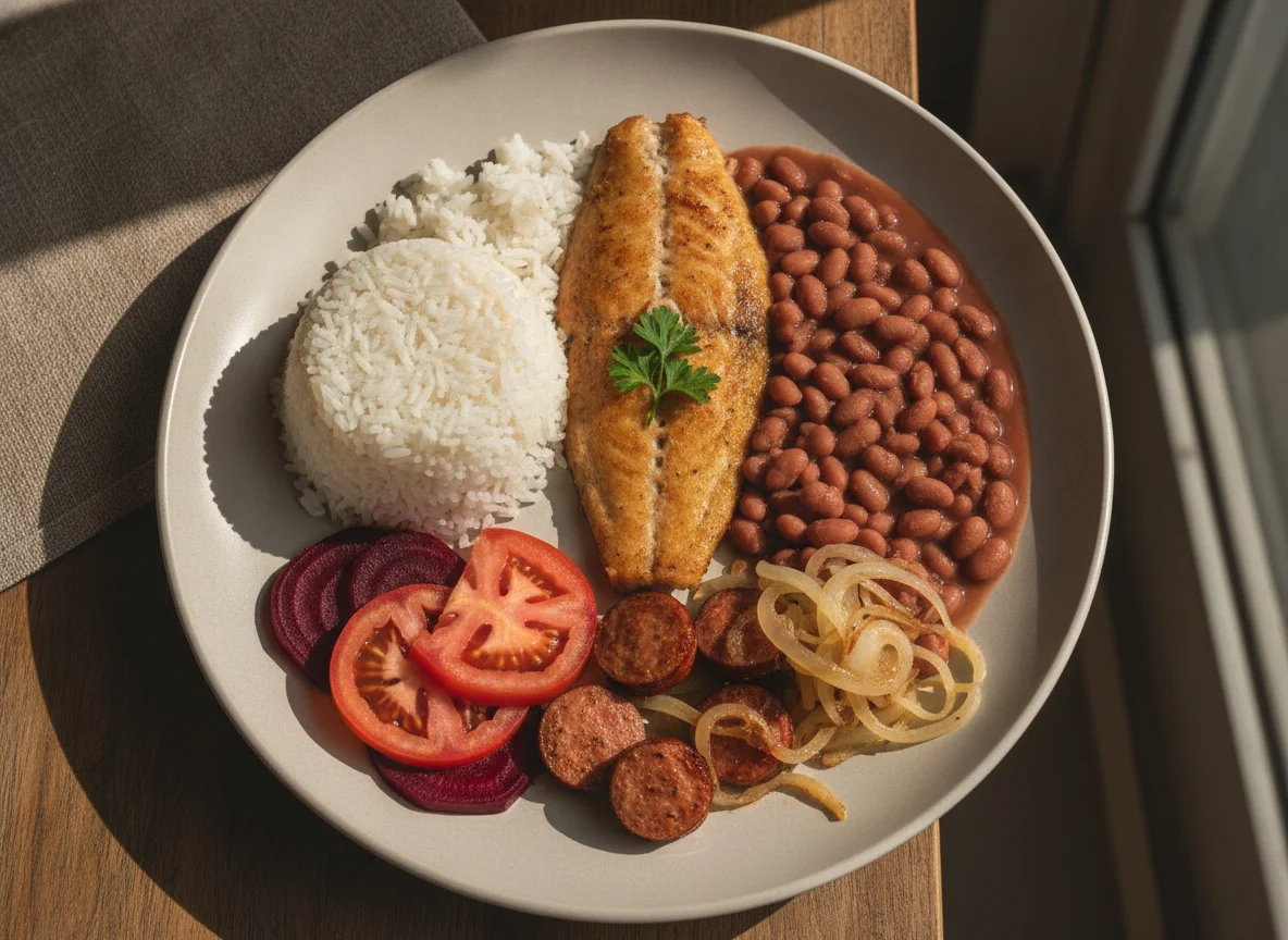 Prato feito brasileiro com peixe, feijão, arroz e salada photo