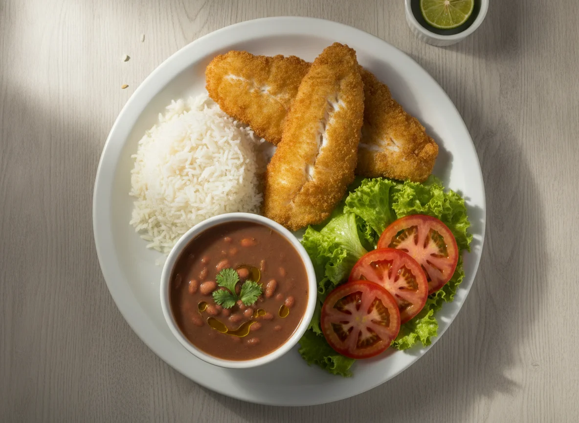 Prato feito brasileiro com peixe frito, arroz, feijão e salada photo