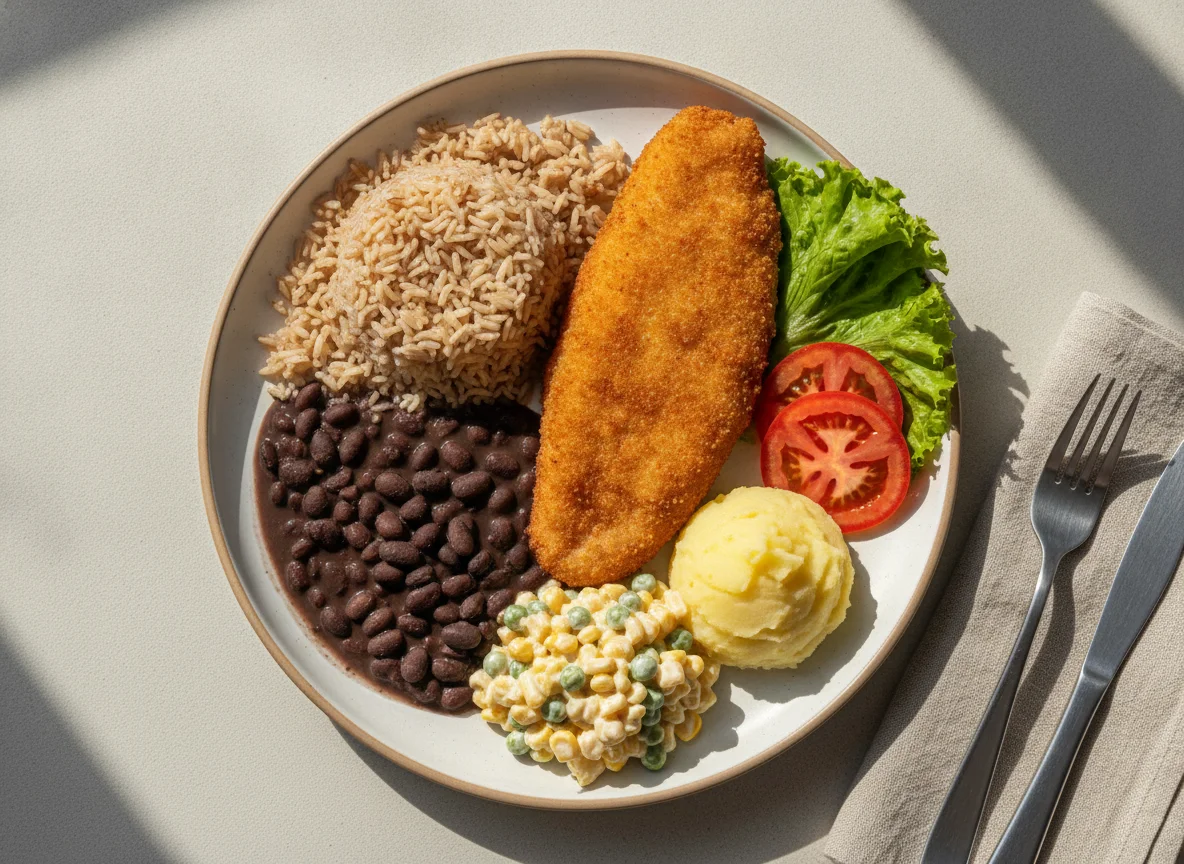 Prato Feito Brasileiro com Peixe Frito e Salada de Maionese photo