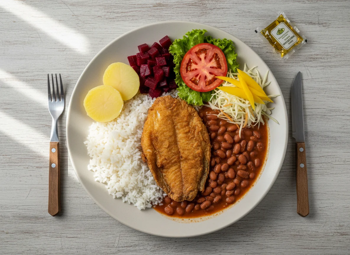 Prato feito brasileiro com peixe frito e salada photo