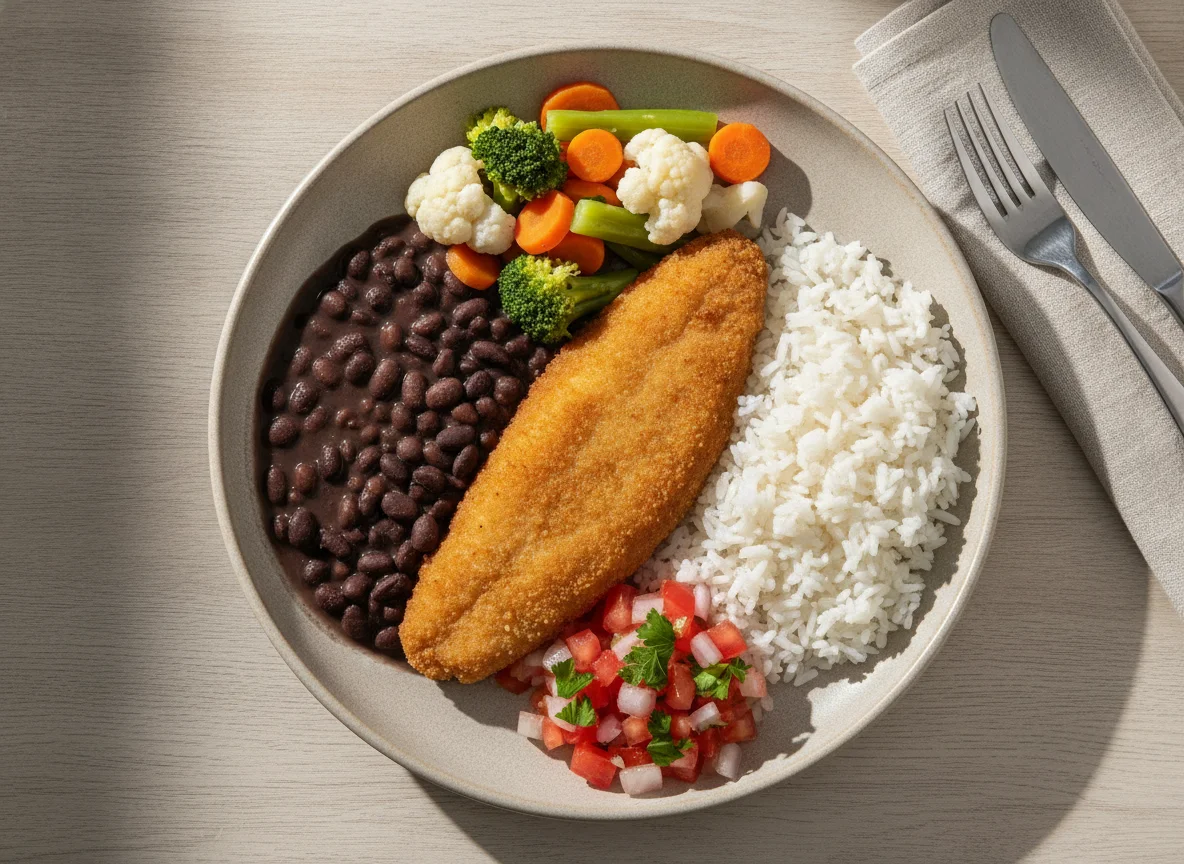 Prato Feito Brasileiro com Peixe Frito e Vegetais photo