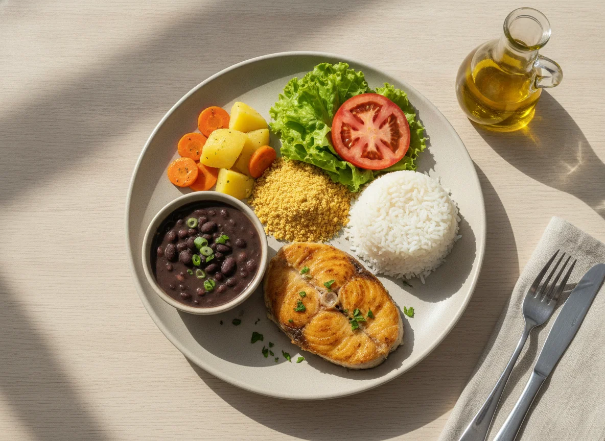 Prato Feito Brasileiro com Peixe Grelhado, Arroz, Feijão e Farofa photo