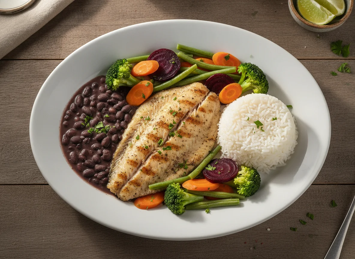 Prato feito brasileiro com peixe grelhado, arroz, feijão e legumes photo