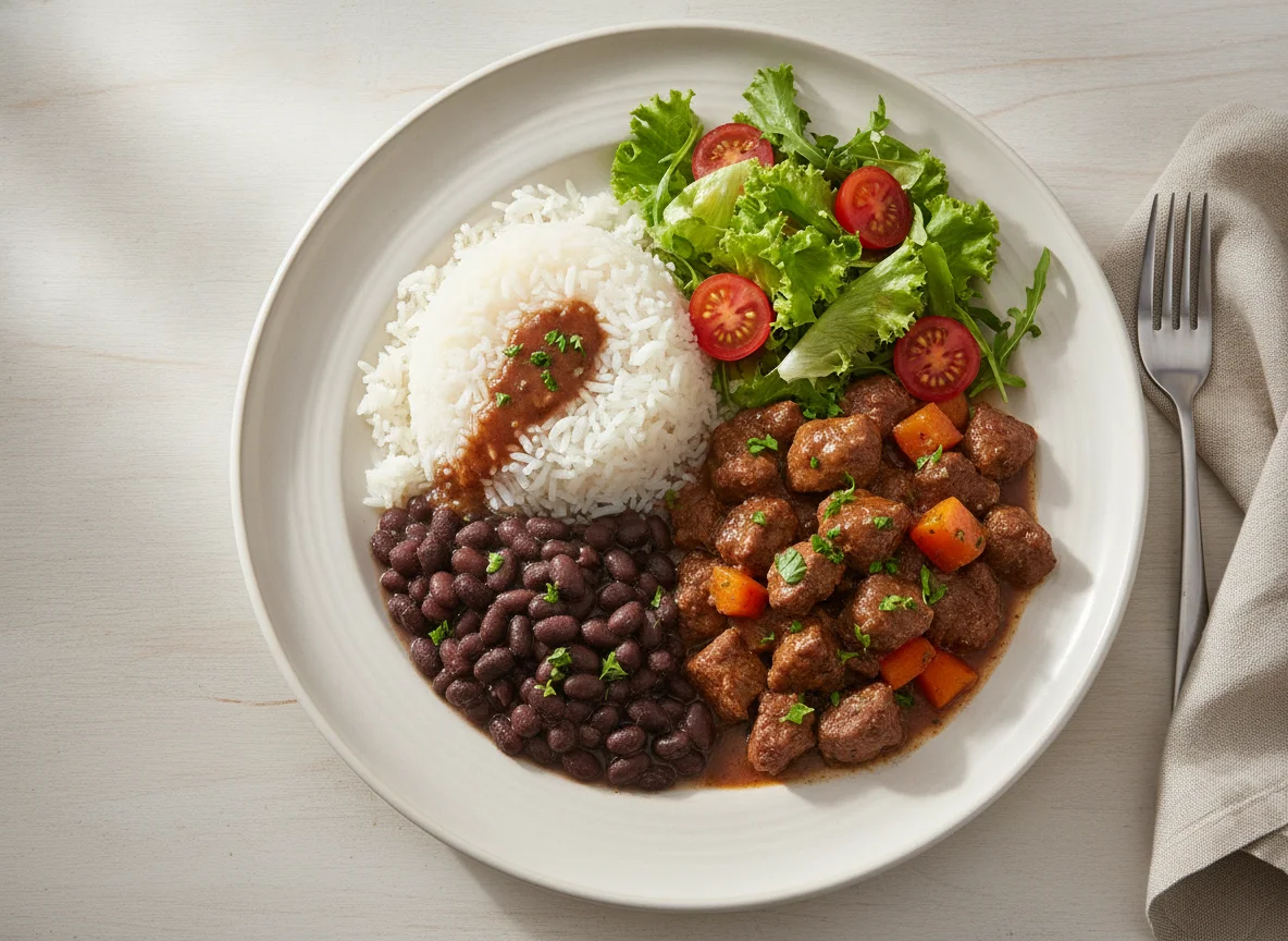 Prato feito brasileiro com picadinho de carne, arroz, feijão e salada photo