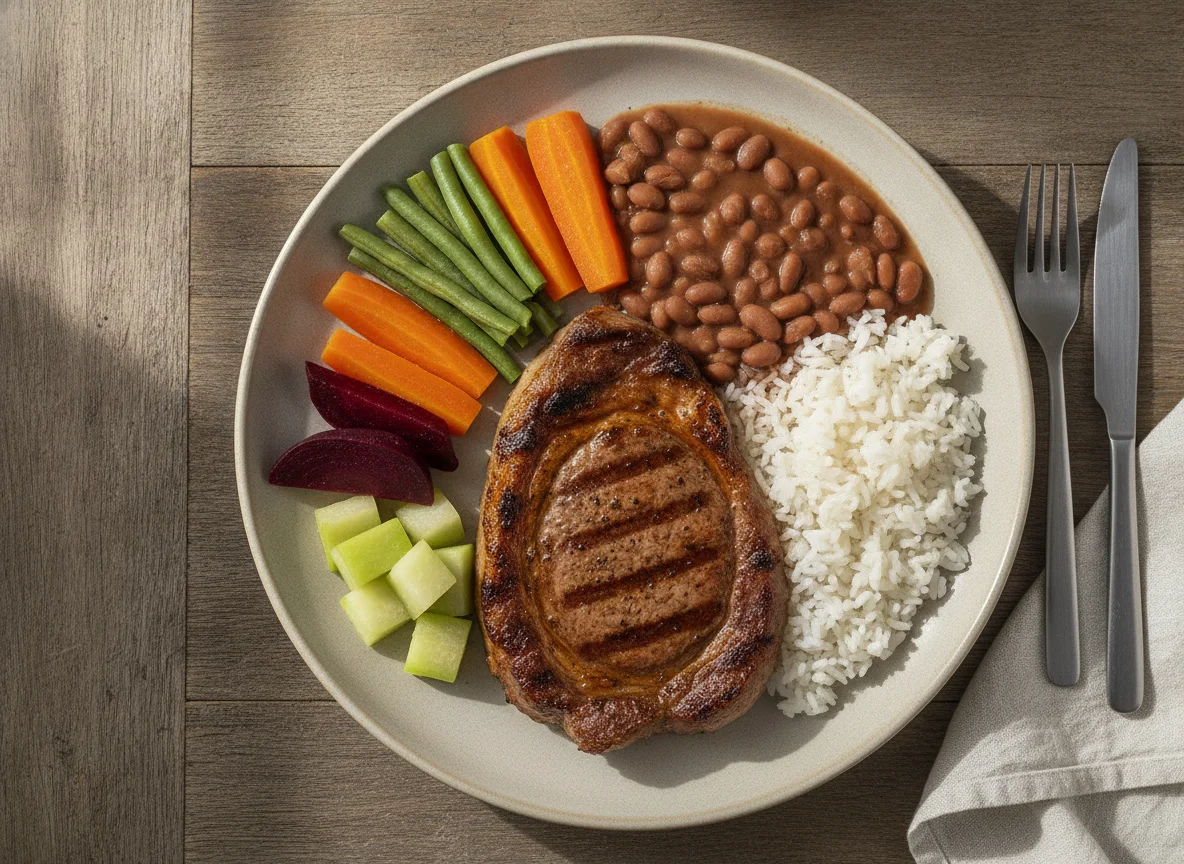 Prato feito brasileiro com picanha, arroz, feijão e legumes photo