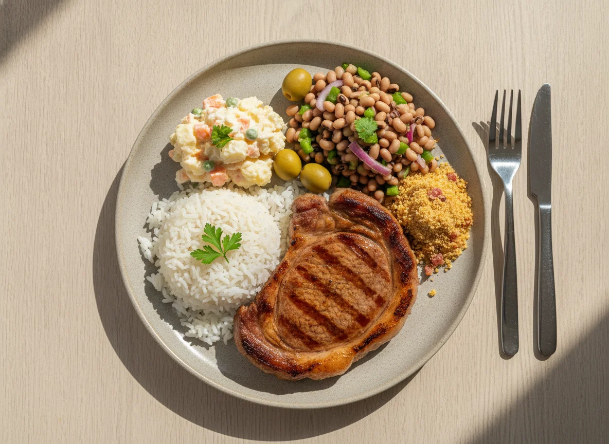 Prato Feito Brasileiro com Picanha, Salada de Maionese e Feijão Fradinho photo