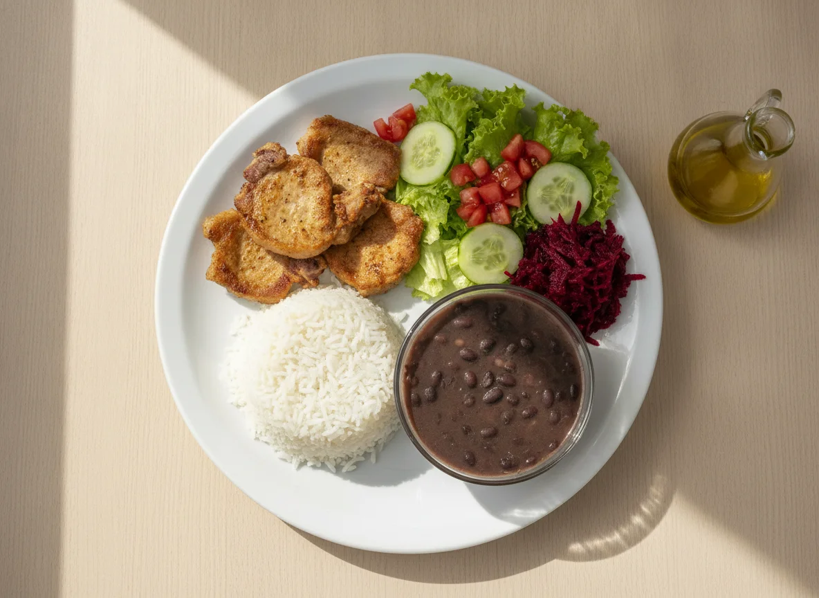Prato Feito Brasileiro com Porco, Arroz, Feijão e Salada photo
