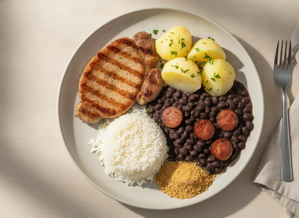 Prato Feito Brasileiro com Porco, Batatas e Feijoada photo
