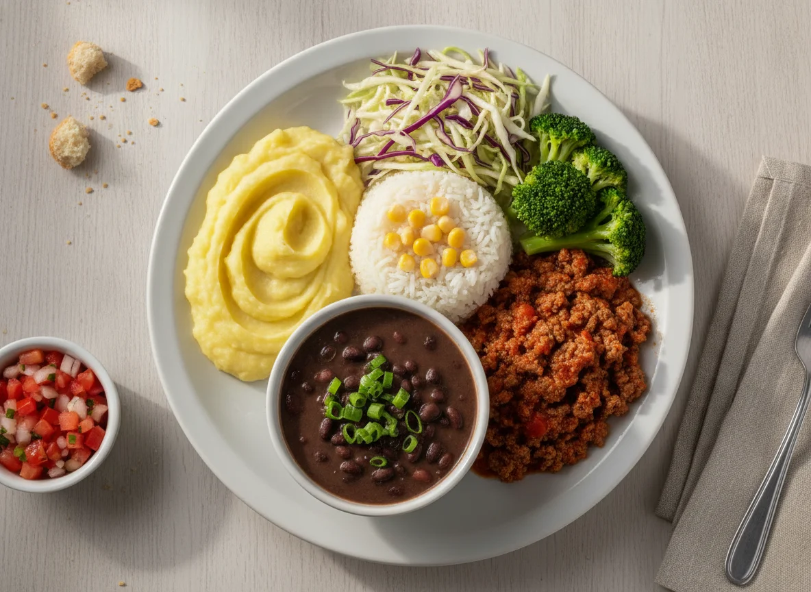Prato Feito Brasileiro com Purê, Arroz, Feijão e Carne Moída photo