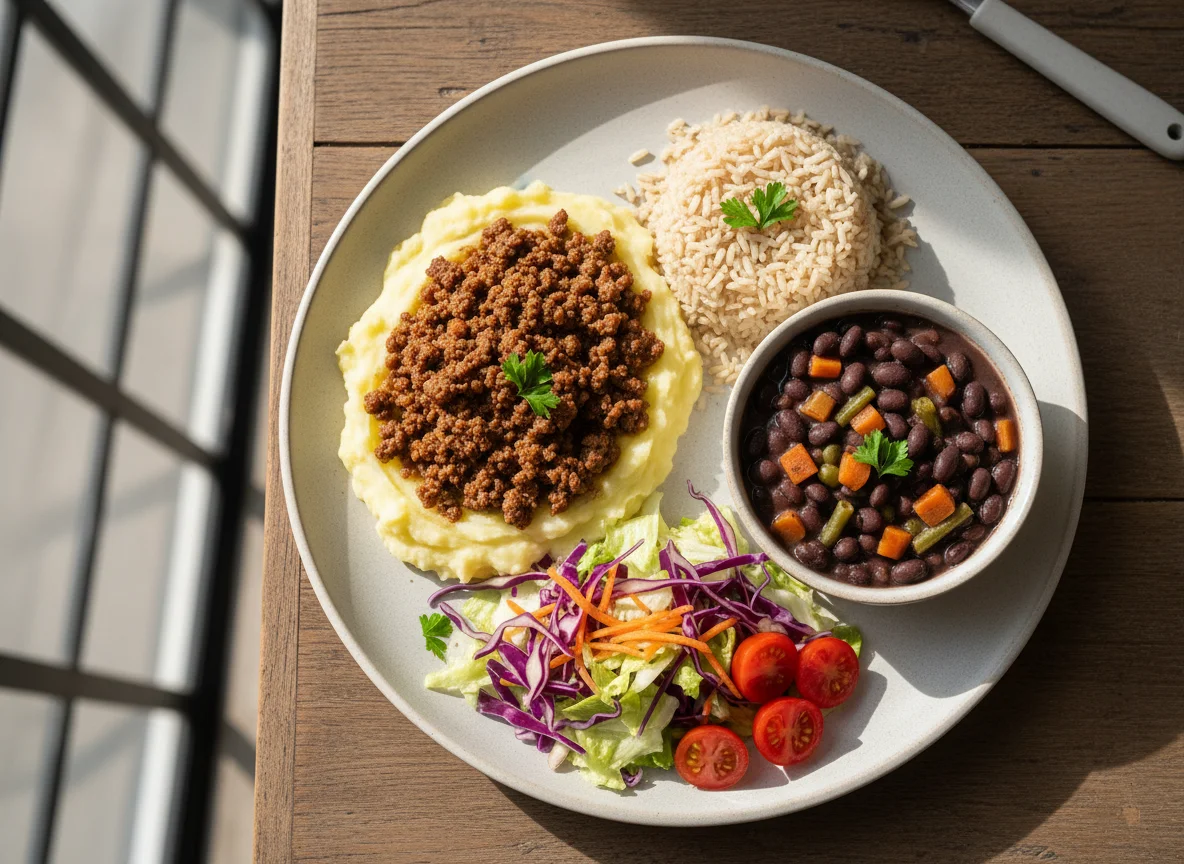 Prato feito brasileiro com purê, feijão e salada photo