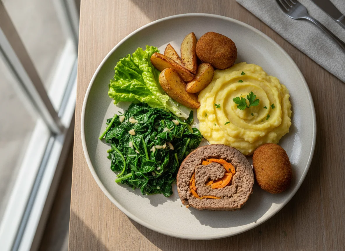 Prato Feito Brasileiro com Rocambole de Carne e Purê photo