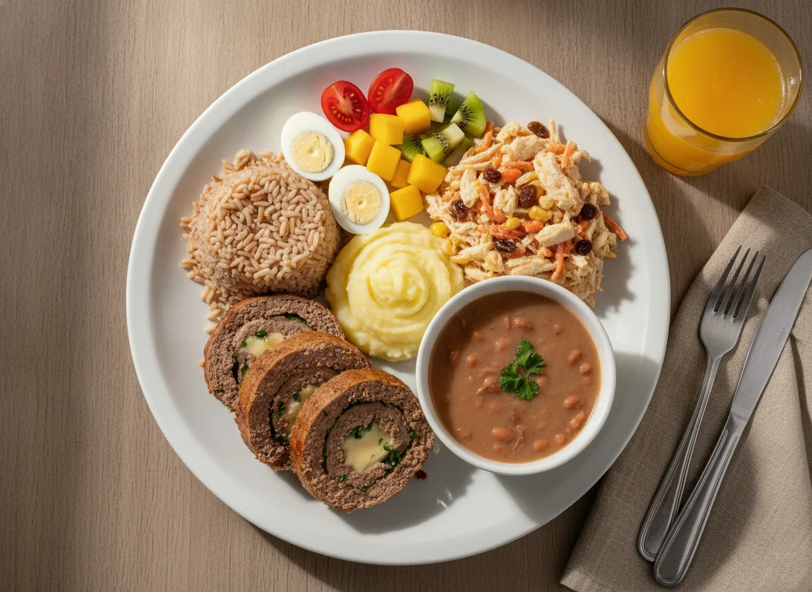 Prato Feito Brasileiro com Rocambole de Carne e Salpicão photo