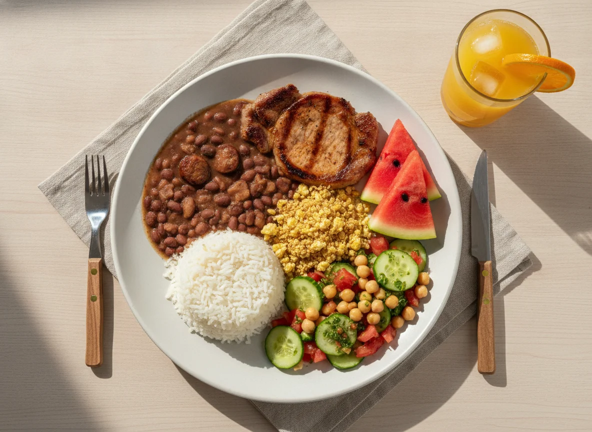 Prato Feito Brasileiro com Salada, Arroz, Feijão, Carne e Melancia photo
