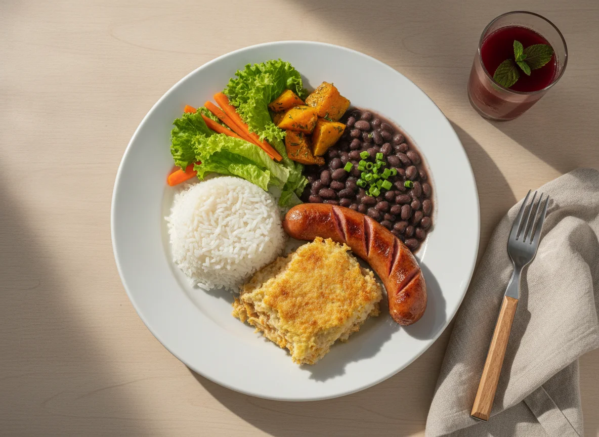 Prato Feito Brasileiro com Salada, Arroz, Feijão, Linguiça e Escondidinho photo