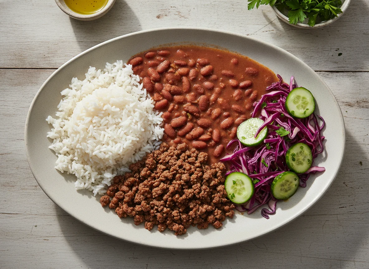 Prato Feito Brasileiro com Salada de Repolho Roxo photo